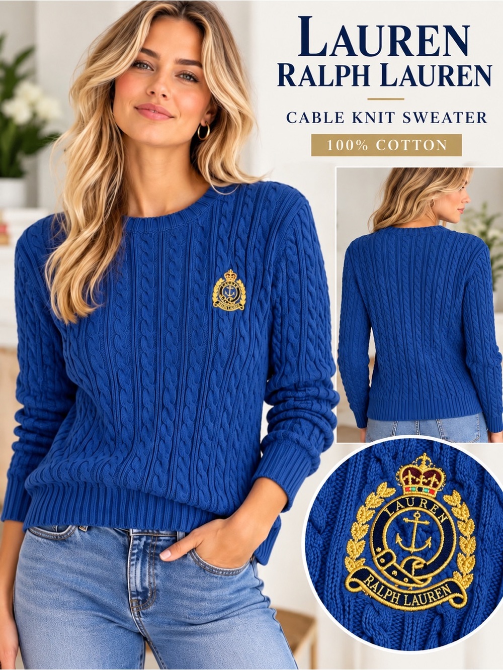 Lauren Ralph Lauren Cable Knit Crest Sweater Blue Cotton Size Medium